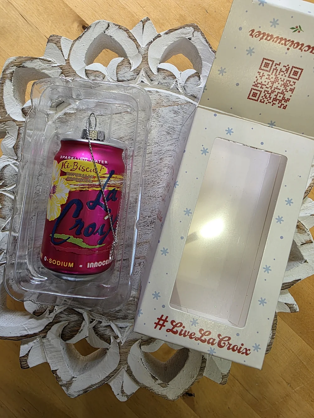 LaCroix Hi-Biscus sparkling water glass ornament